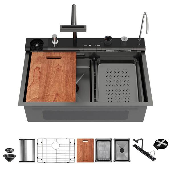 Loile 30 in. Drop-In Single Bowl 16 Gauge Gunmetal Black Stainless Steel Smart Workstation Kitchen Sink with Faucet