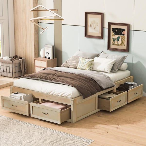 Rustic Antique Beige Wood Frame Full Platform Bed with 6 Storage Drawers