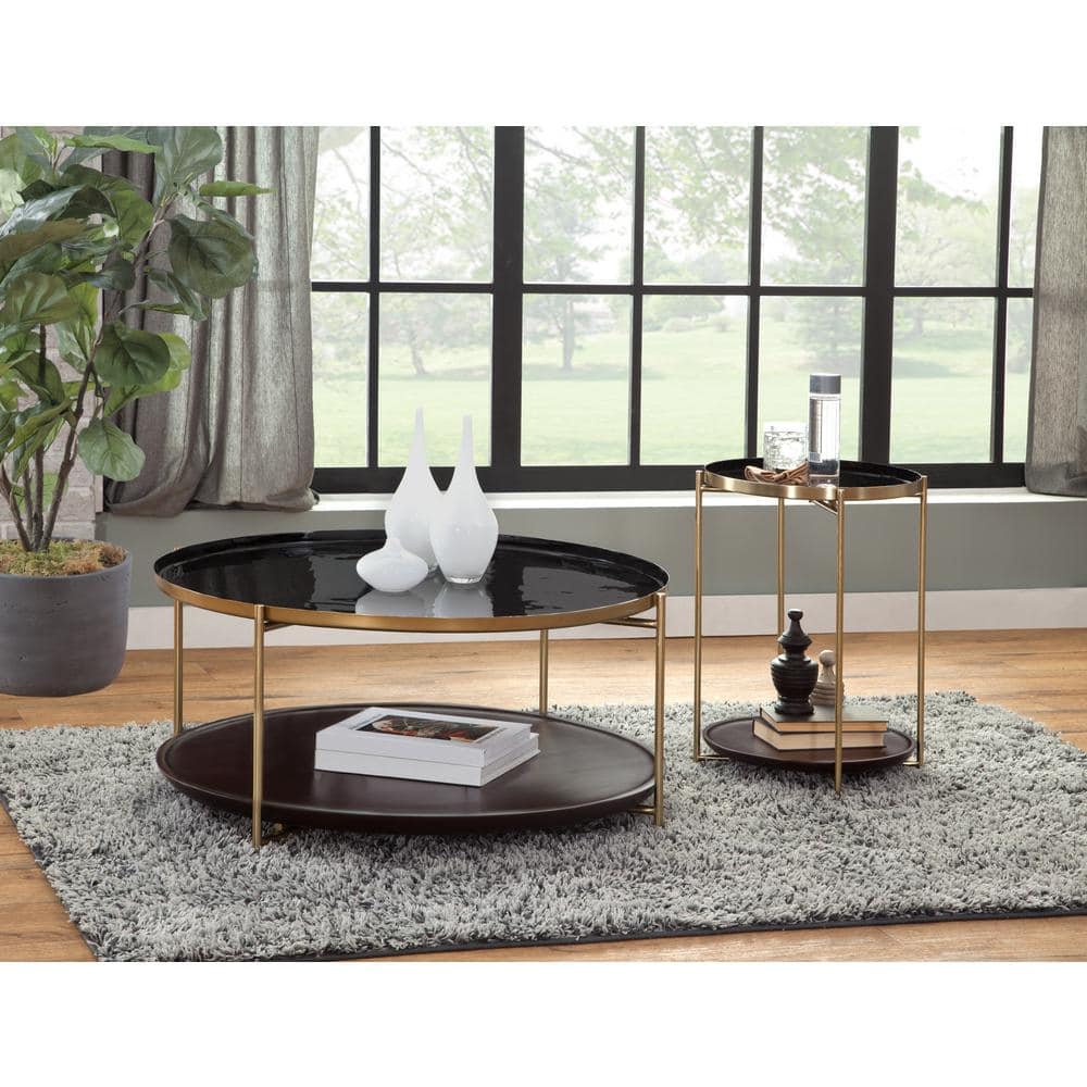 Stevie 36" Black Enamel and Bronze Metal Round Coffee Table with Cherry Wood Shelf