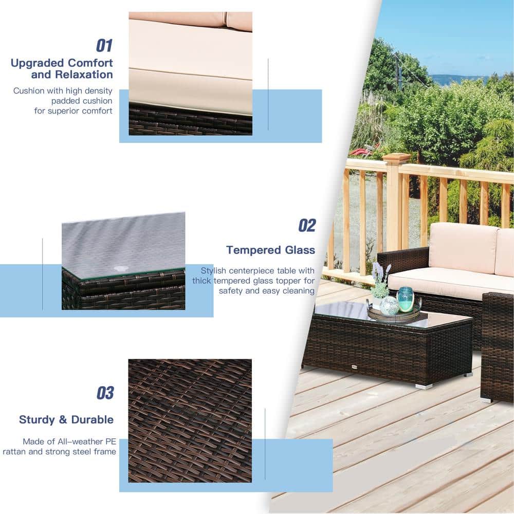 Rattan Wicker 4-Person Patio Set with Cushioned Chairs & Glass Table