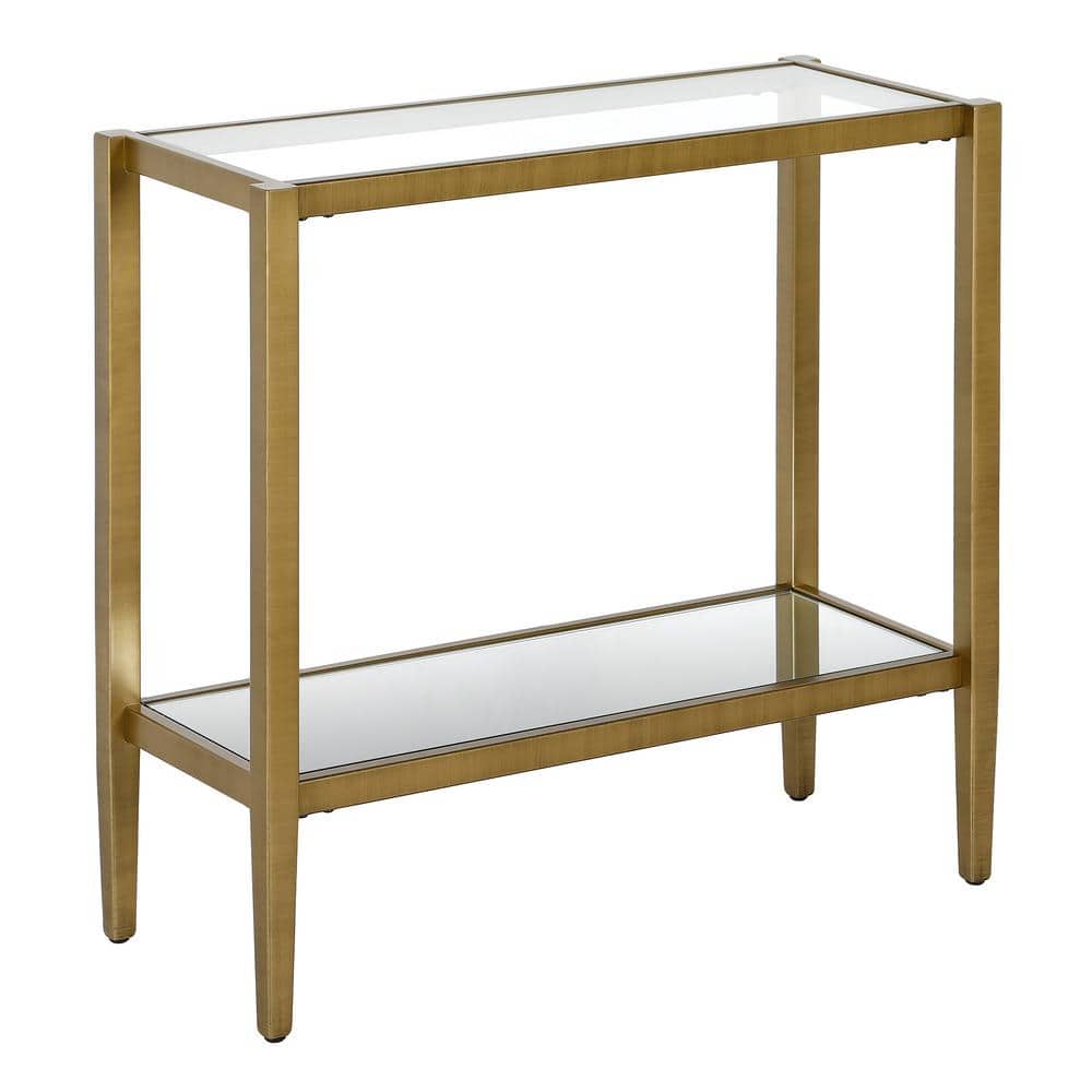Antique Brass Rectangular Side Table with Tempered Glass Shelf