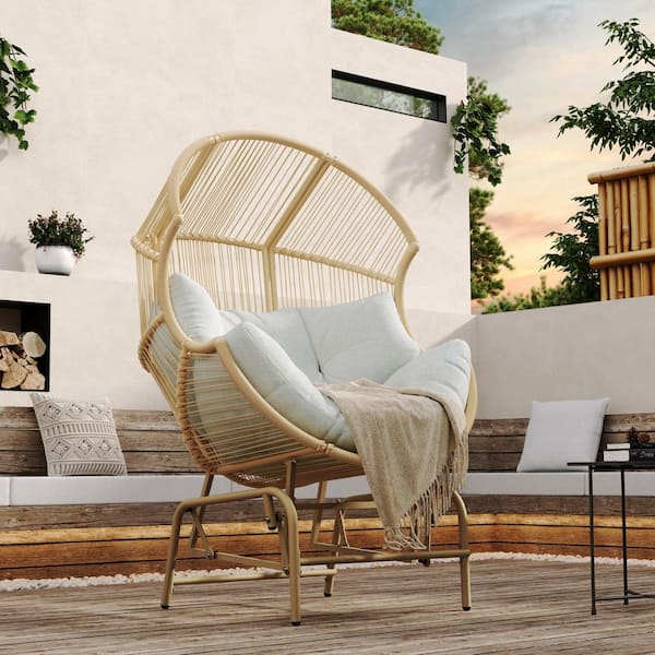 Light Brown Wicker Outdoor Glider Chair with Gray Cushion