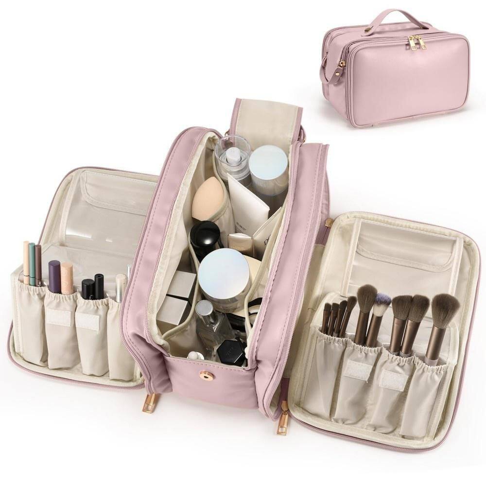 Large Capacity Travel Garment Bag in Pink, PU Leather, 3 Compartments, Waterproof Makeup Organizer with Brush Holder price history on PriceWatchPro