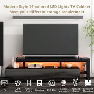 73.in Black Wood TV Stand for up to 70 in.TV, LED TV Stand Cabinet with 16-Colored LED Lights and DVD Shelf