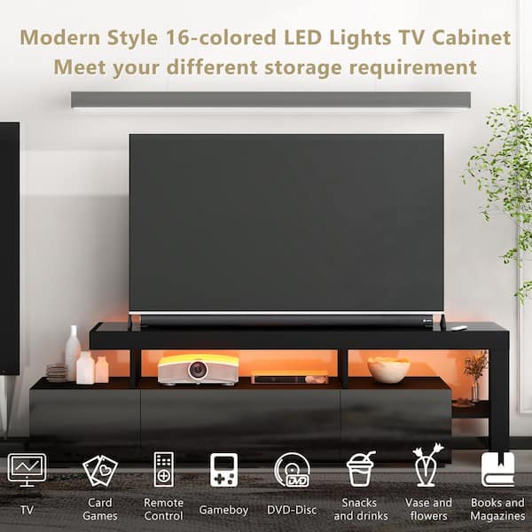 URTR 73.in Black Wood TV Stand for up to 70 in.TV, LED TV Stand Cabinet with 16-Colored LED Lights and DVD Shelf