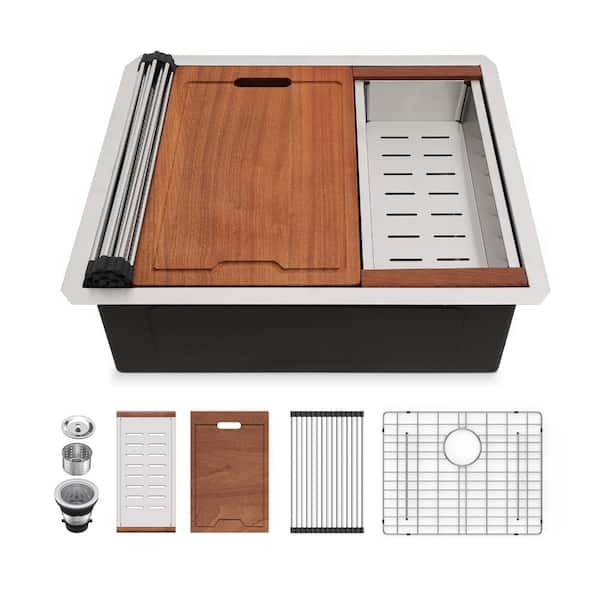 23 in. Undermount Single Bowl 16-Gauge Stainless Steel Workstation Bar Sink with Cutting Board and Ledge