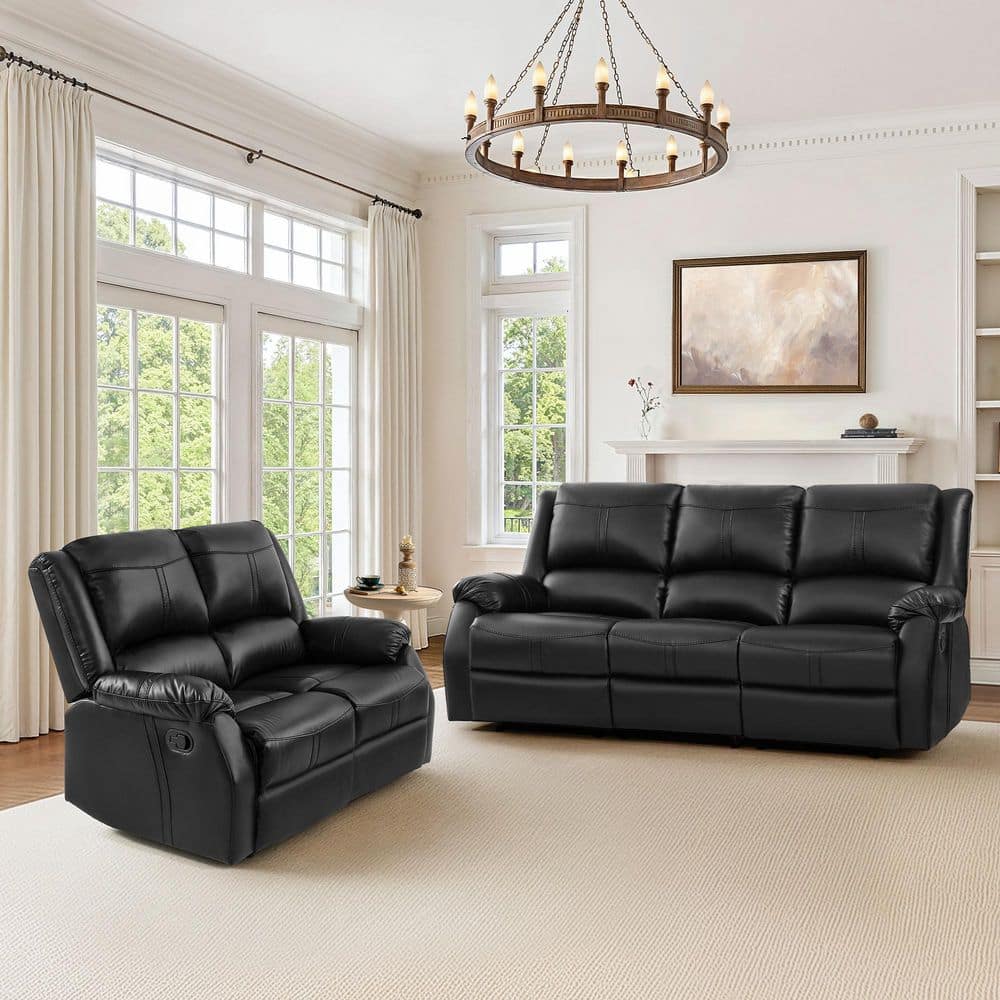 OrangeOne Jake 80.7 in. W Black 2-Piece Leather Upholstered Push