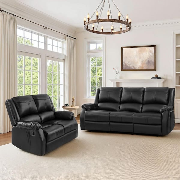 Jake 80.7 in. W Black 2-Piece Leather Upholstered Push Back  Rectangle Recliner Sofa and Loveseat with Rolled Arm
