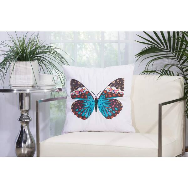 Mina Victory Turquoise Butterfly White Polyester Standard Throw Pillow