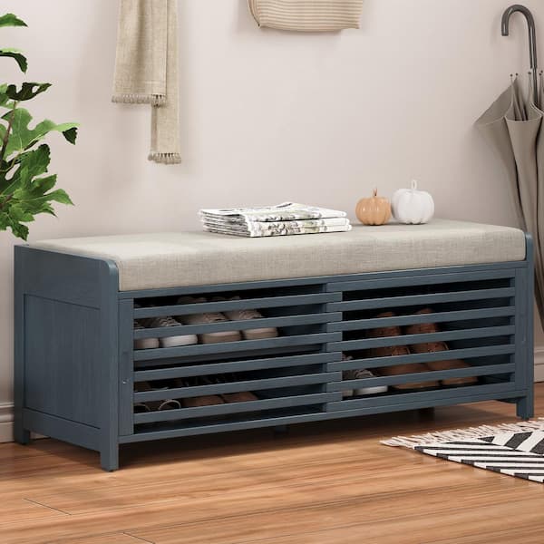Harper & Bright Designs Navy Acacia Veneer Living Room Storage Bench with Seat Cushion, 2 Shutter Doors and 3 Shelves 43.3 in.