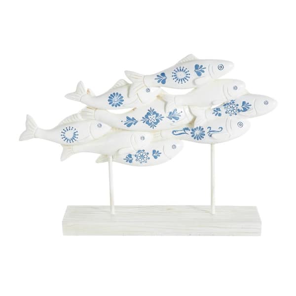 Litton Lane White Poly Stone Fish Sculpture with Blue Floral Patterns and Stand