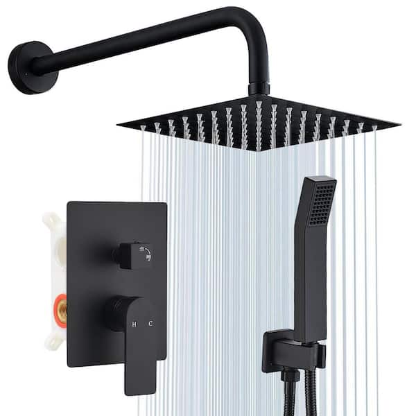 Matte Black 8 in. Square Rain Shower System Handheld Spray Knob Diverter Wall Mount Complete Kit Faucet