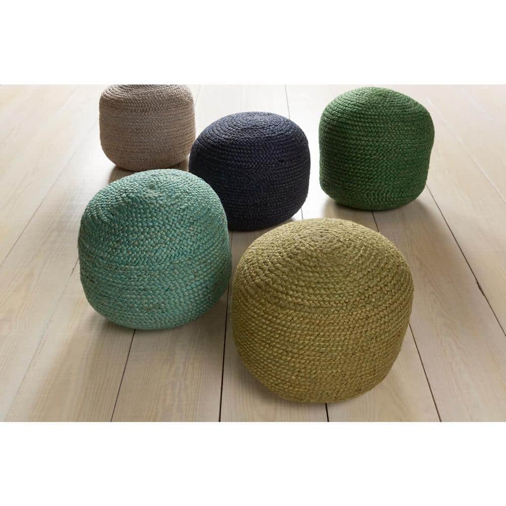 Aqua Round Jute Upholstered Pouf with Polystyrene Beans