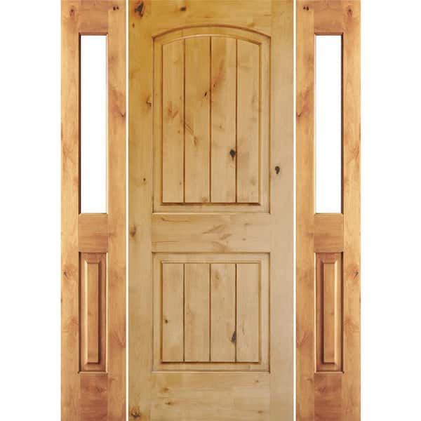 Krosswood Doors 60 in. x 80 in. Rustic Knotty Alder Arch clear stain Wood w.V-Groove Left Hand Single Prehung Front Door/Half Sidelites