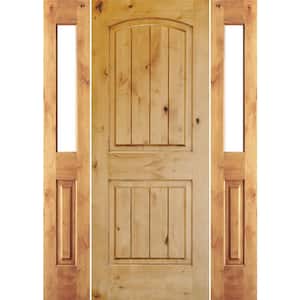 64 in. x 80 in. Rustic Knotty Alder Arch clear stain Wood w.V-Groove Left Hand Single Prehung Front Door/Half Sidelites