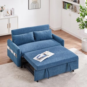Loveseat 55.1 in. Blue Microfiber Twin Size Sleep Sofa Bed, Adjustable Backrest, Storage Pockets and 2-Soft Pillows
