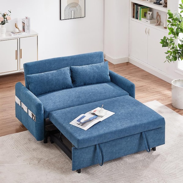 Harper & Bright Designs Loveseat 55.1 in. Blue Microfiber Twin Size Sleep Sofa Bed, Adjustable Backrest, Storage Pockets and 2-Soft Pillows