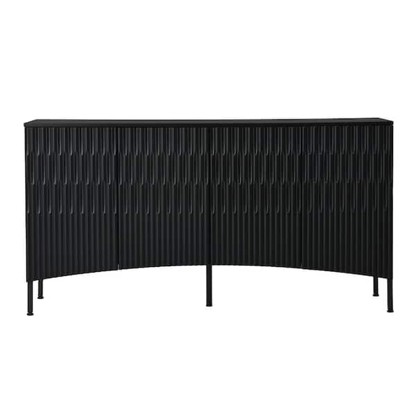 Unbranded 59.8 in. W x 15.7 in. D x 31.5 in. H Black Wood Linen Cabinet with Arched Groove Design in Stylish 4-Door Layout