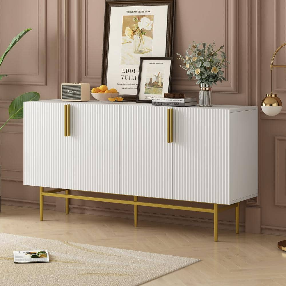 White Wood 60 in. Modern Elegant Sideboard 4-Door Buffet Cabinet ...