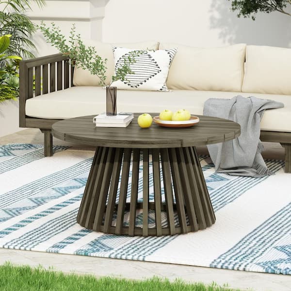 Grey Round Acacia Wood Patio Outdoor Coffee Table for Backyard, Lawn, Balcony