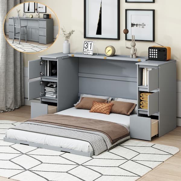Gray Wood Frame Full Size Murphy Bed with Drawer, Cabinets, High Stools and USB Ports