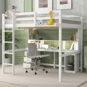 White Full Size Wood Loft Bed with Built-in Desk, Shelves, Bedside Tray, LED lights and USB Charging Station