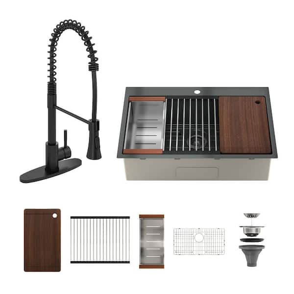33 in. Drop-In Single Bowl 18-Gauge Black PVD Stainless Steel Kitchen Sink with Infrared Sensor Faucet and Accessories