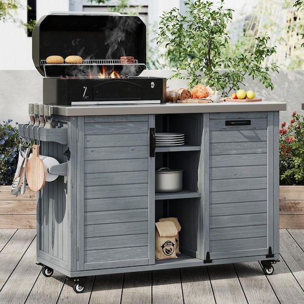 Grey Wood 47 in. Kitchen Island with Extendable Table, Stainless Steel Top, Trash Can Storage