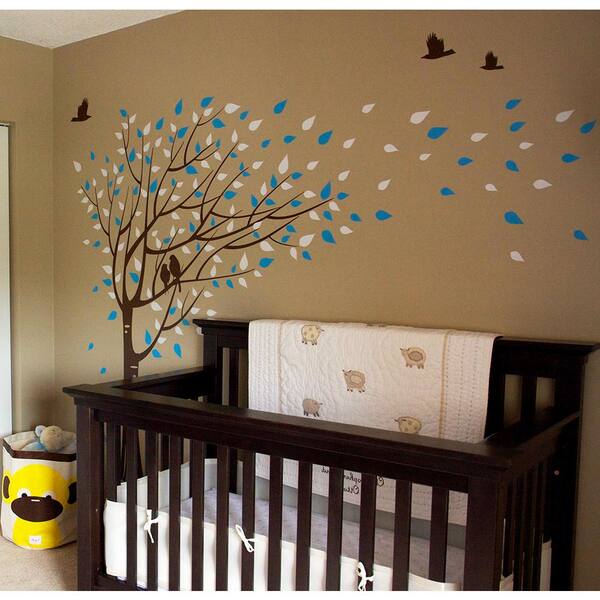 Pop Decors 75 in. x 78 in. Dark Brown Trunk, White and Azure Blue Leaves Gone with the Wind Tree Removable Wall Decal