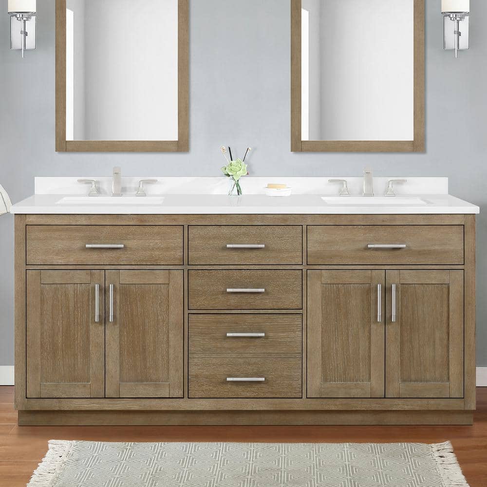 Driftwood Oak 72" Freestanding Double Sink Vanity with Power Bar
