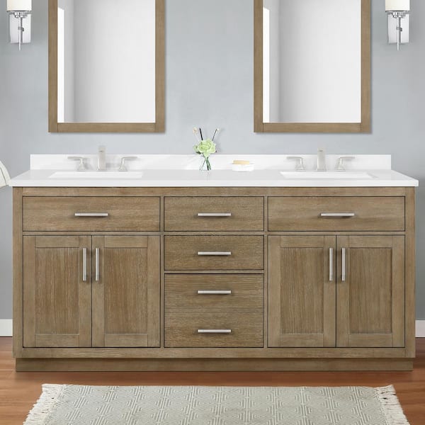 OVE Decors Bailey 72 in. Double Sink Driftwood Oak Bath Vanity with White Quartz Top and Integrated Power Outlet (Assembled)