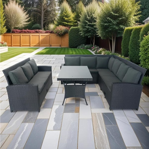 Unbranded 5-Piece Wicker Outdoor Sectional Set with Dark Gray Cushions Black