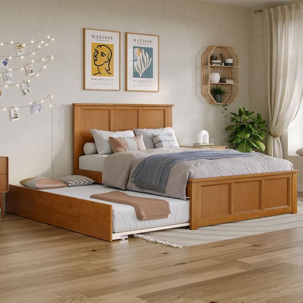 Madison Light Toffee Natural Bronze Solid Wood Frame Full Platform Bed with Matching Footboard and Full Trundle