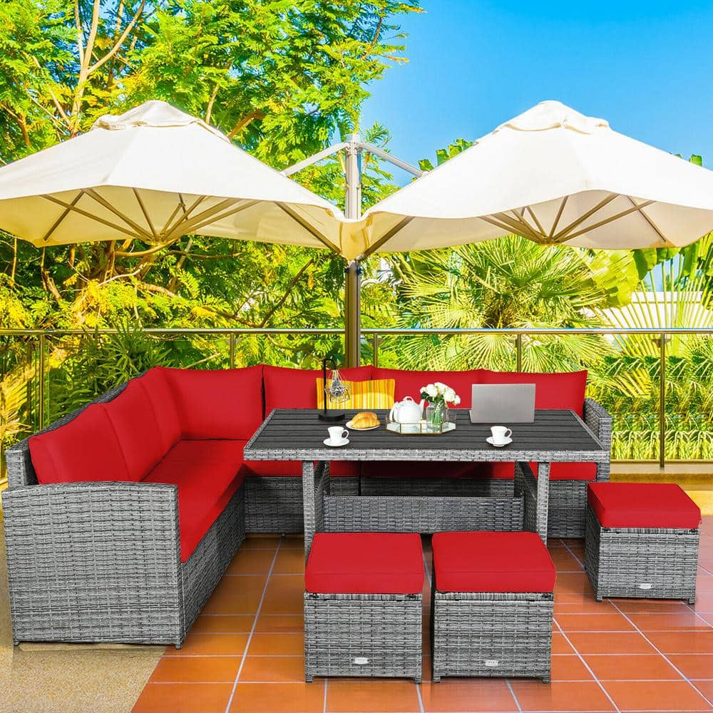 Liviza 7-Piece Wicker Outdoor Sectional Set with Red Cushions and ...