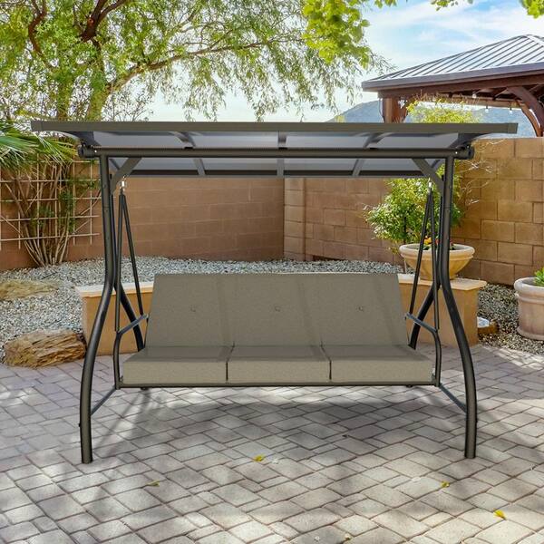 VEIKOUS 3-Person Metal Patio Swing Outdoor with Adjustable Polycarbonate Canopy, Dark Gray