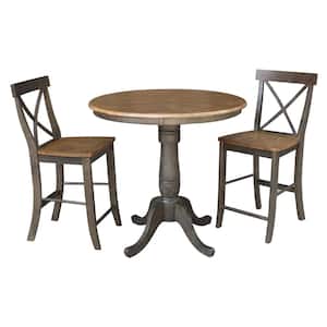 Hampton 3-Piece 36 in. Hickory/Coal Round Solid Wood Counter Height Dining Set with X-Back Stools