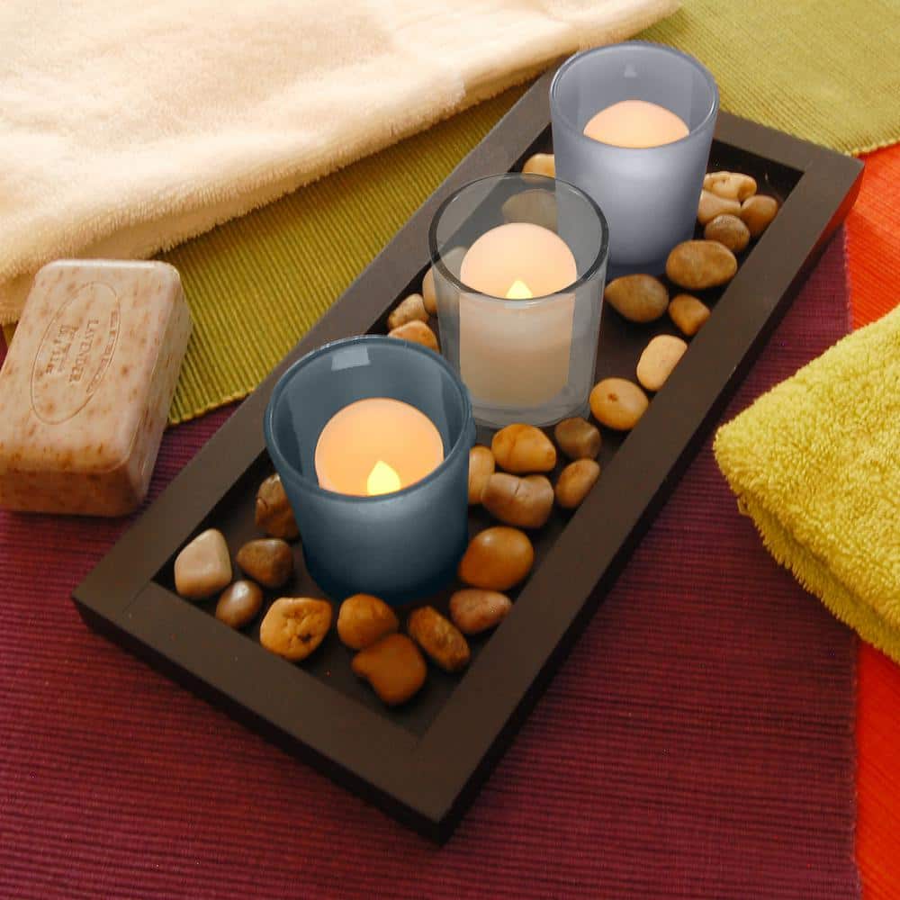Warm Soft Black Wooden Tray with Earth-Tone Frosted Glass Candleholders