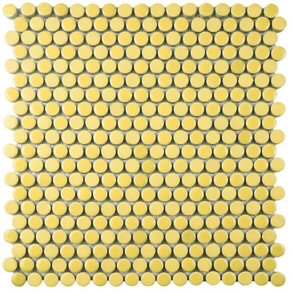 Merola Tile Comet Penny Round Yellow 11-1/4 in. x 11-3/4 in. x 9 mm Porcelain Mosaic Tile