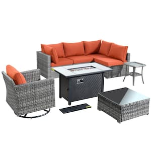 Messi Gray 8-Piece Wicker Outdoor Patio Conversation Sofa Fire Pit Set with a Swivel Chair and Orange Red Cushions