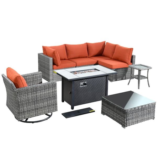 Messi Gray 8-Piece Wicker Outdoor Patio Conversation Sofa Fire Pit Set with a Swivel Chair and Orange Red Cushions