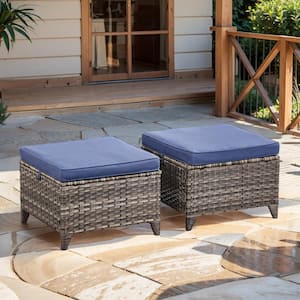 Straight Armrest Series 2-Pack Gray Wicker Outdoor Ottoman Steel Frame Footstool with Removable Cushions