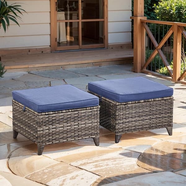 Pocassy Straight Armrest Series 2-Pack Gray Wicker Outdoor Ottoman Steel Frame Footstool with Removable Cushions