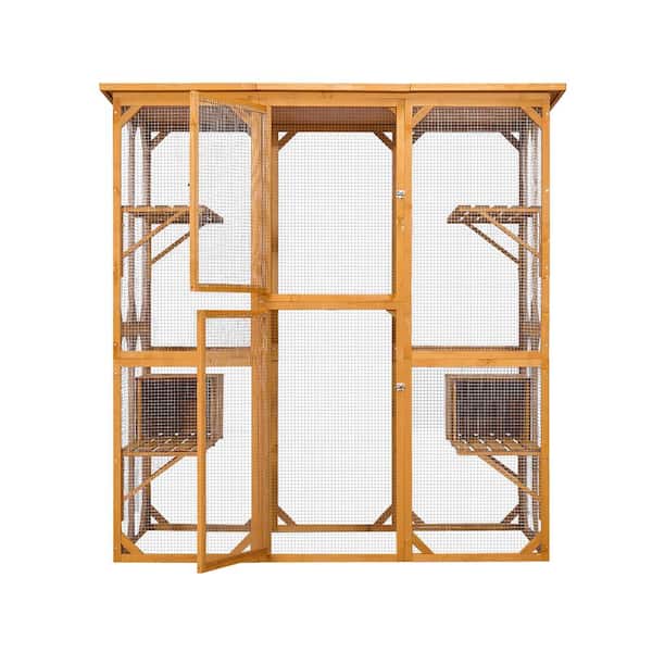 Tunearary 72 in. High Roof Outdoor Cat Cage with 3 Jumping Platforms and 2 Napping Houses, Yellow
