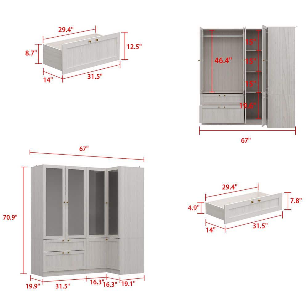 Light Oak Wood 66.9 in. Bedroom Wardrobe with Tempered Glass Doors, Corner Unit, Hanging Rod and Storage Drawers - thumbnail 9