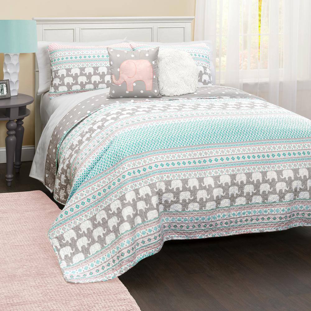 Lush Decor Elephant Stripe Quilt Turquoise Pink 5 Piece Full Queen Set C43202p15 000 The Home Depot