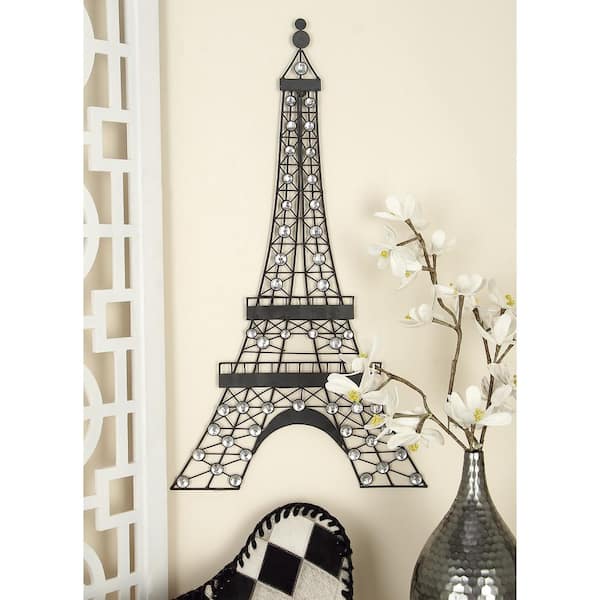18 in. x 32 in. Metal Black 3D Wire Eiffel Tower Wall Decor with Crystal Embellishments