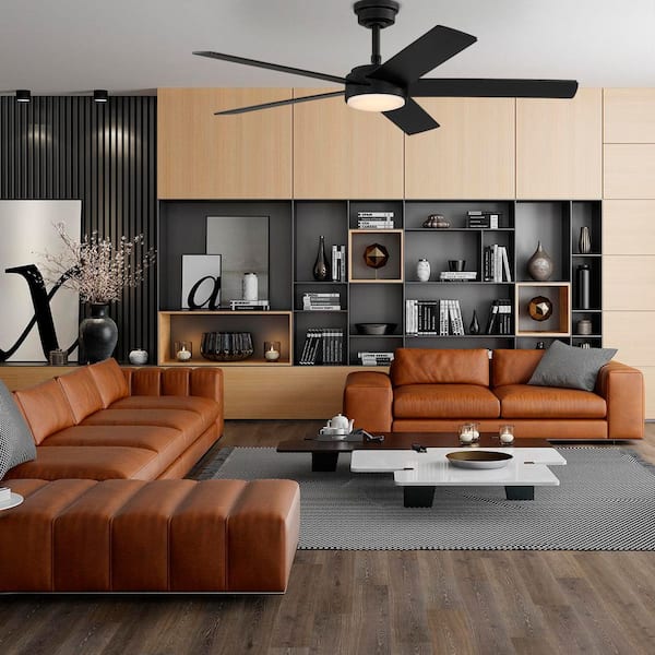 Cornwall 52 in. Matte Black Downrod Standard Ceiling Fan with 5-Blades, White Adjustable LED Light, DC Motor, and Remote