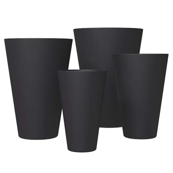 Leisuremod Pebble 4-Piece Fiberstone and MGO Clay Planter Set, Modern Tapered Round Planter Pot for Indoor and Outdoor (Black)