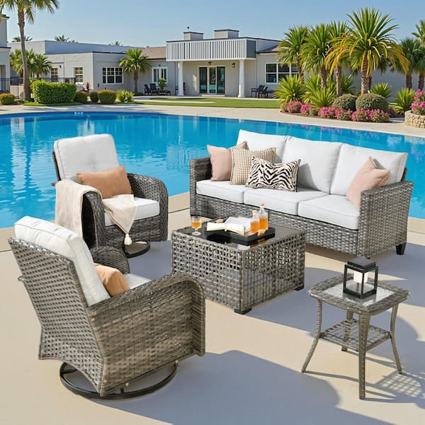 Caodoc Thallo Gray 5-Piece Wicker Outdoor Sectional Patio Conversation Set with Light Gray Cushions, Rocking Chair and Ottomans