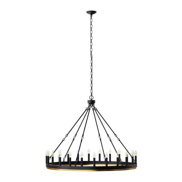 47 in. 24-Light Black Large Farmhouse Wagon Wheel Chandelier, Industrial Pendant for Foyer, Porch, Dining Room